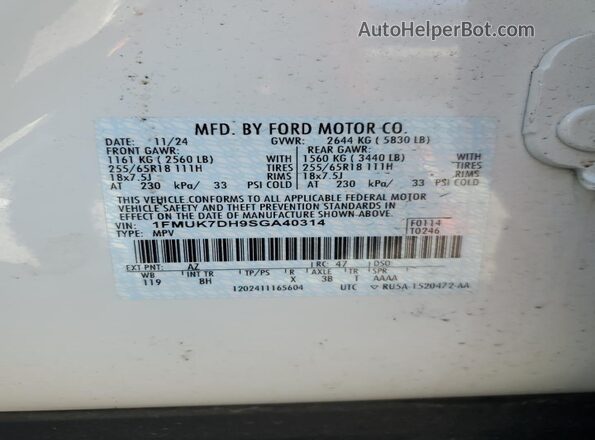 1FMUK7DH9SGA40314 2025 FORD FORD EXPLORER White VIN կոդի պիտակի տեսք