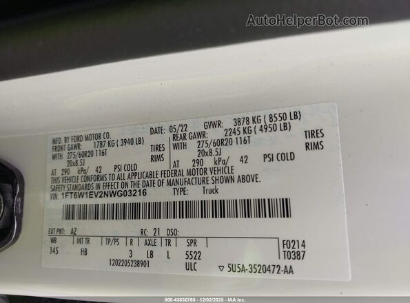 1FT6W1EV2NWG03216 2022 FORD F-150 LIGHTNING White Շարժիչի բաժամունքի տեսք