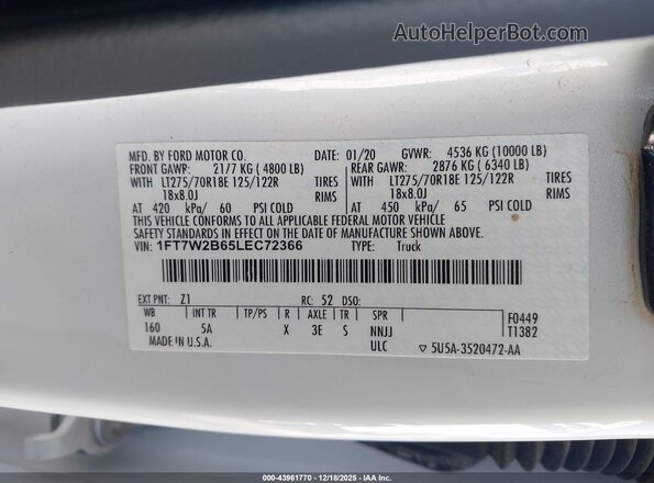 1FT7W2B65LEC72366 2020 FORD F-250 White Engine compartment view