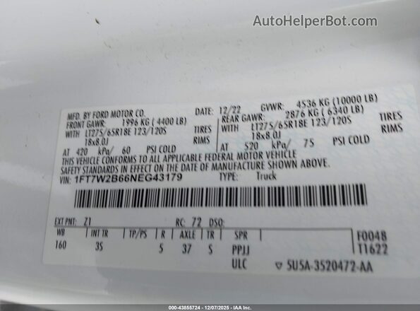 1FT7W2B66NEG43179 2022 FORD F-250 White Widok komory silnika