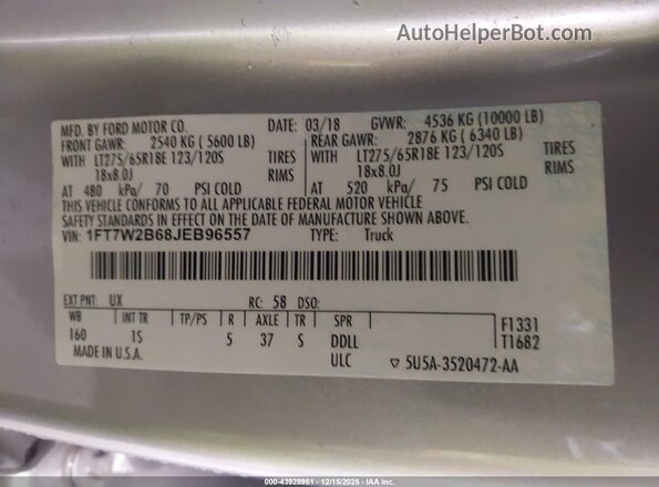 1FT7W2B68JEB96557 2018 FORD F-250 Silver Vista del compartimento del motor