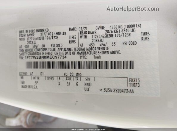 1FT7W2BN0MEC97734 2021 FORD F-250 White Engine compartment view