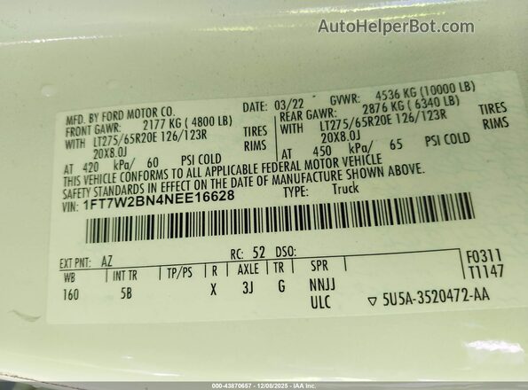 1FT7W2BN4NEE16628 2022 FORD F-250 White Շարժիչի բաժամունքի տեսք