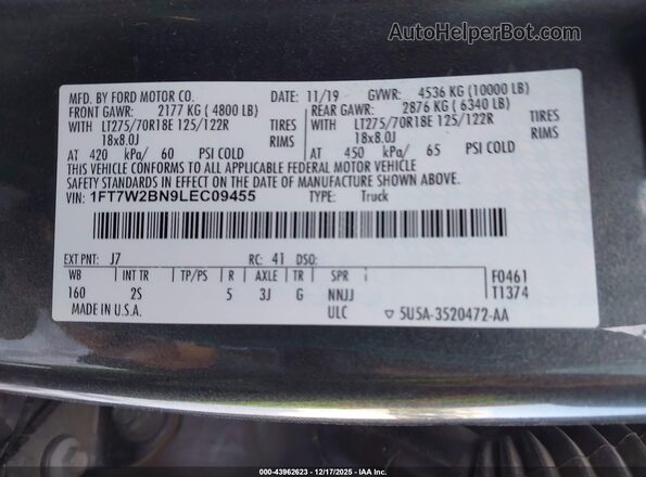 1FT7W2BN9LEC09455 2020 FORD F-250 Gray Widok komory silnika