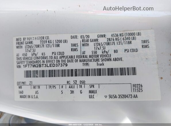 1FT7W2BT3LED37379 2020 FORD F-250 Белый Вид подкапотного пространства