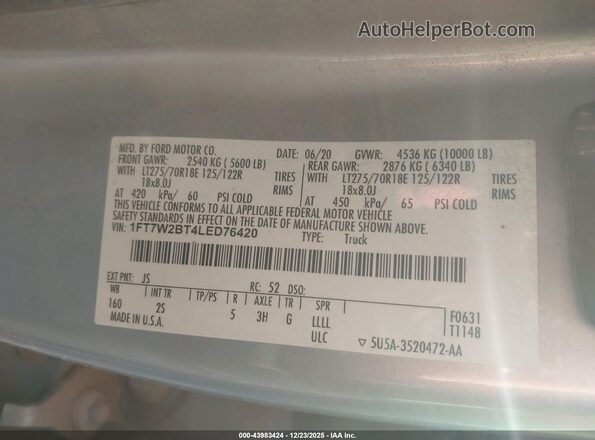 1FT7W2BT4LED76420 2020 FORD F-250 Серебряный Вид подкапотного пространства
