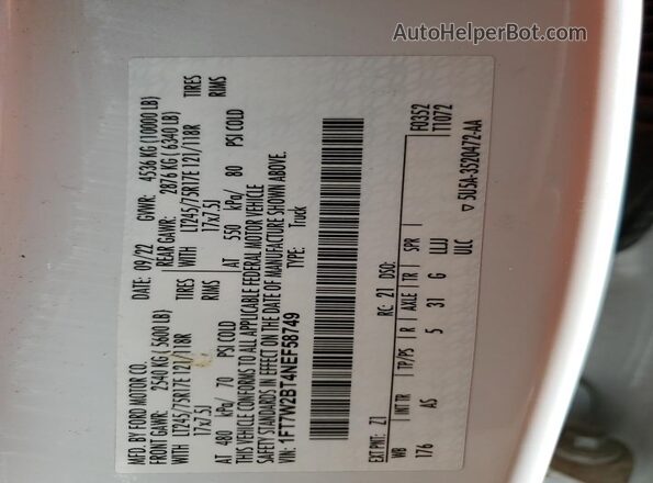 1FT7W2BT4NEF58749 2022 FORD F250 White ძრავის განყოფილების ხედი