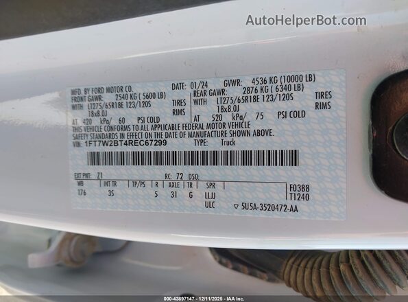 1FT7W2BT4REC67299 2024 FORD F-250 White უკანა მარჯვენა