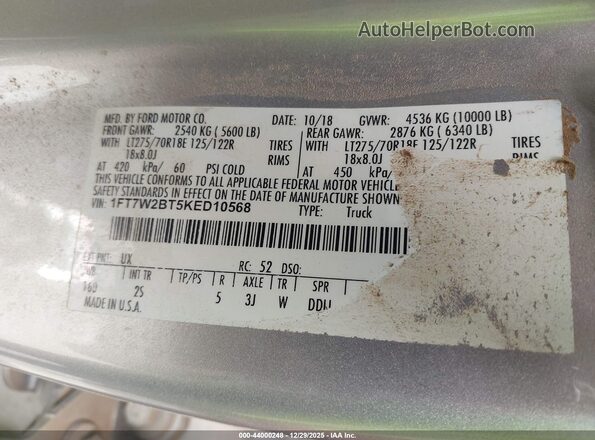 1FT7W2BT5KED10568 2019 FORD F-250 Silver Vista del compartimento del motor