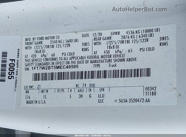 1FT7W2BT5MEC49595 2021 FORD F-250 White Вид підкапотного простору