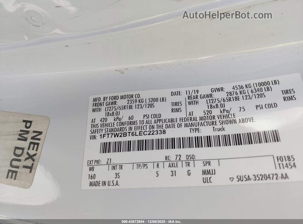 1FT7W2BT6LEC22338 2020 FORD F-250 White Engine compartment view