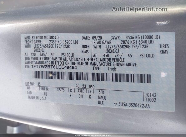 1FT7W2BT6LEE49464 2020 FORD F-250 Silver Engine compartment view