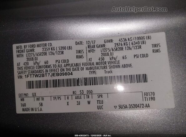 1FT7W2BT7JEB09804 2018 FORD F-250 Silver Вид підкапотного простору