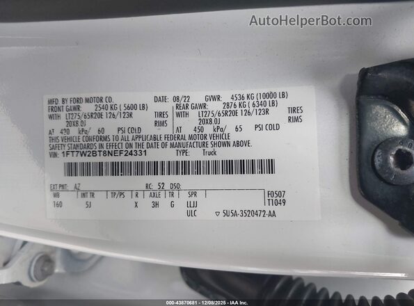 1FT7W2BT8NEF24331 2022 FORD F-250 White ძრავის განყოფილების ხედი