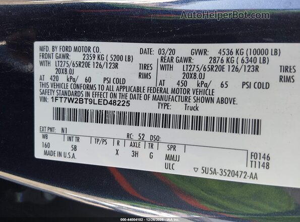 1FT7W2BT9LED48225 2020 FORD F-250 Синий Вид подкапотного пространства