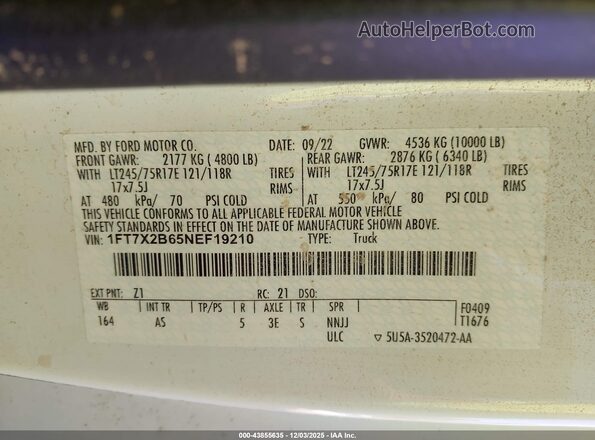 1FT7X2B65NEF19210 2022 FORD F-250 White Вид підкапотного простору
