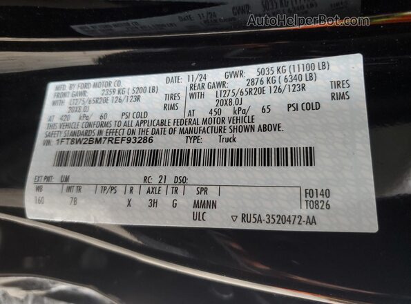 1FT8W2BM7REF93286 2024 FORD F250 Black Widok naklejki z numerem VIN