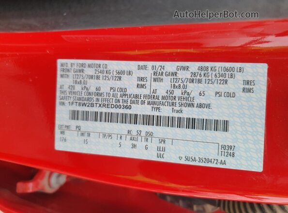 1FT8W2BTXRED00360 2024 FORD F250 Red Engine compartment view