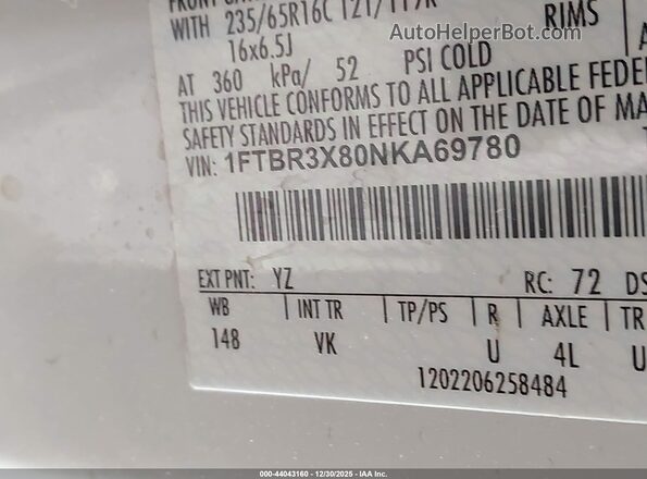 1FTBR3X80NKA69780 2022 FORD TRANSIT-250 White Vista del compartimento del motor
