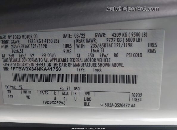 1FTBW3X84NKA41750 2022 FORD TRANSIT-350 White Vista del compartimento del motor