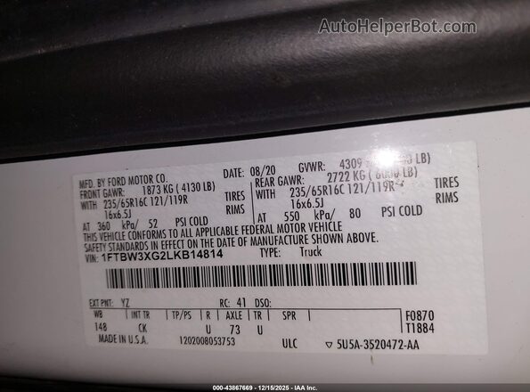 1FTBW3XG2LKB14814 2020 FORD TRANSIT-350 White 