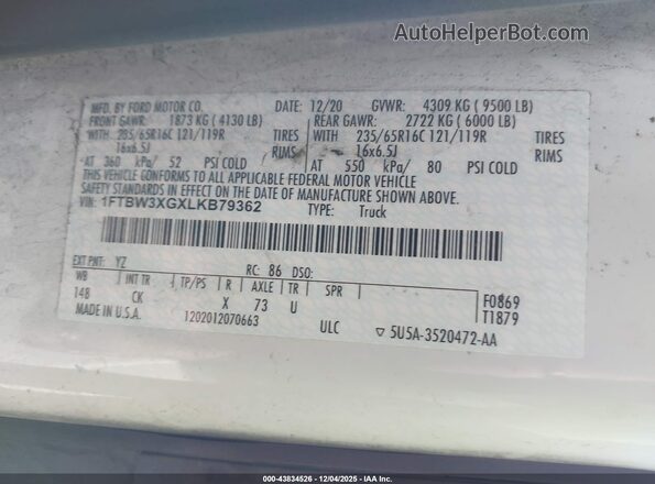 1FTBW3XGXLKB79362 2020 FORD TRANSIT-350 White 