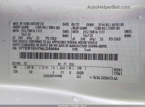 1FTER1EH7NLD50084 2022 FORD RANG White 