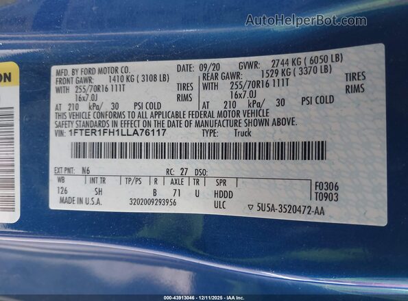 1FTER1FH1LLA76117 2020 FORD RANG Blue ძრავის განყოფილების ხედი