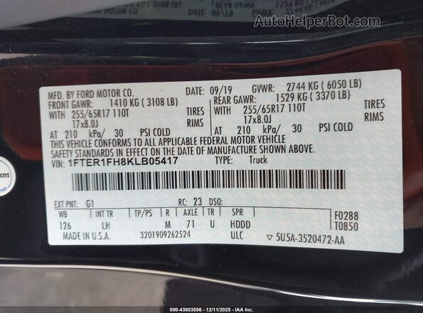 1FTER1FH8KLB05417 2019 FORD RANG Black Вид підкапотного простору