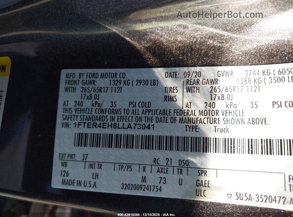 1FTER4EH8LLA73041 2020 FORD RANG Gray Շարժիչի բաժամունքի տեսք