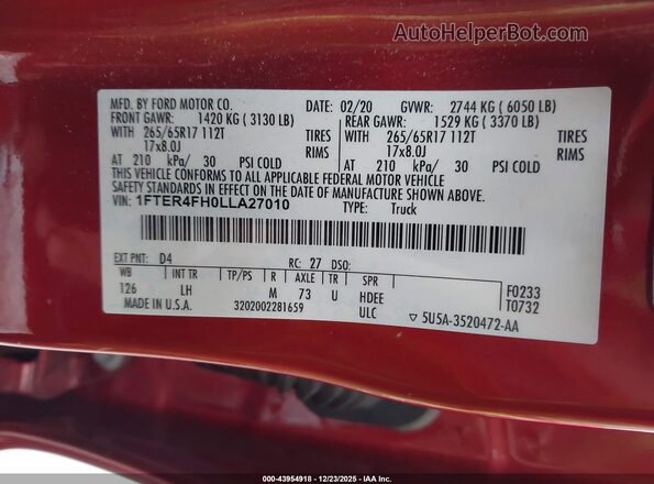 1FTER4FH0LLA27010 2020 FORD RANG Maroon Vista del compartimento del motor