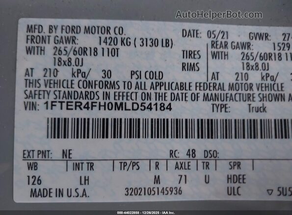 1FTER4FH0MLD54184 2021 FORD RANG Gray 