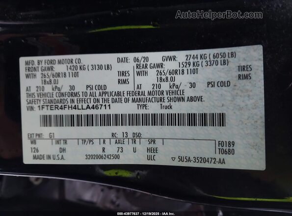 1FTER4FH4LLA46711 2020 FORD RANG Black Вид підкапотного простору