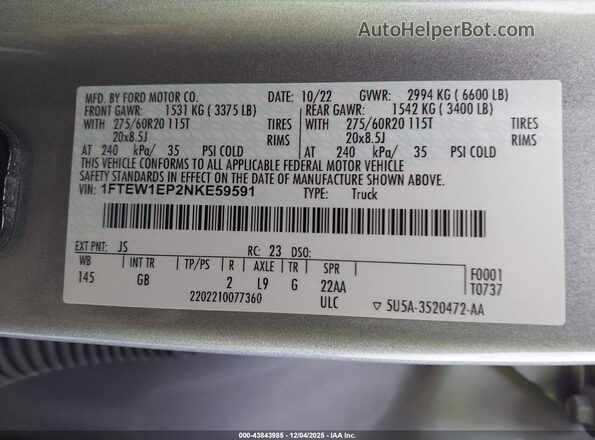 1FTEW1EP2NKE59591 2022 FORD F150 Silver Vista del compartimento del motor