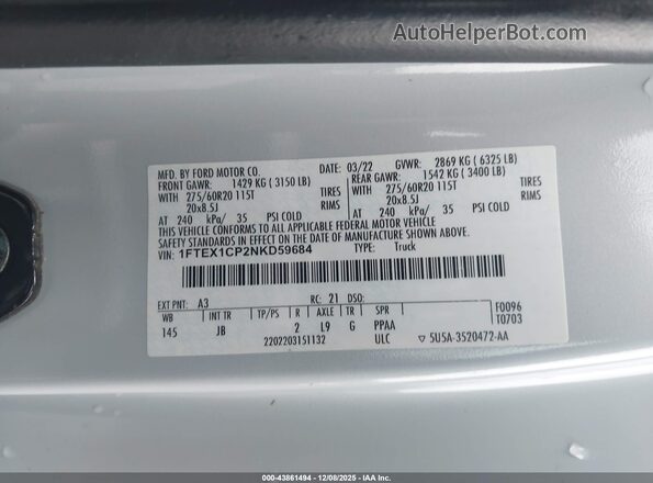 1FTEX1CP2NKD59684 2022 FORD F150 White Вид підкапотного простору