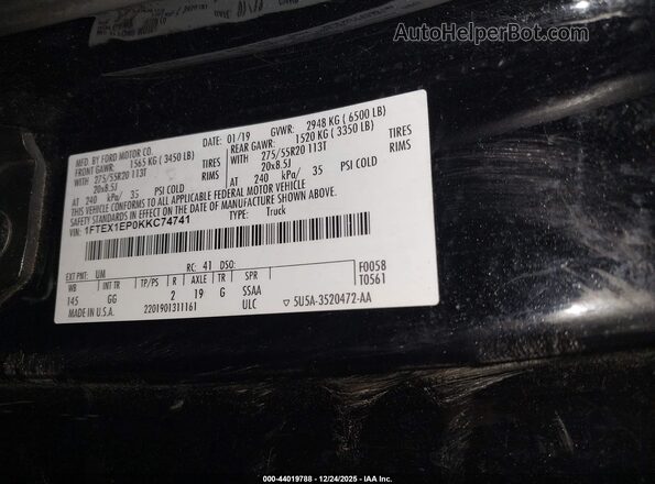 1FTEX1EP0KKC74741 2019 FORD F150 Black Շարժիչի բաժամունքի տեսք