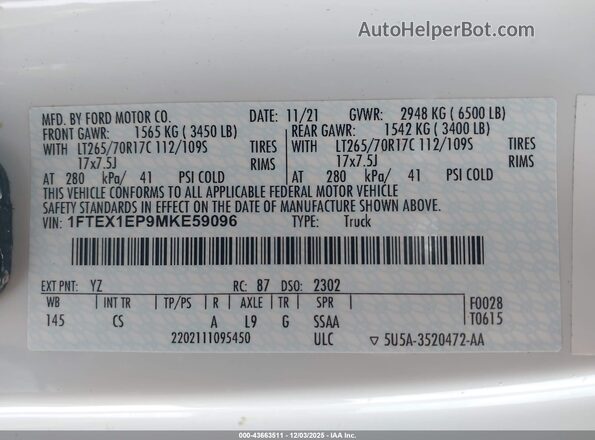 1FTEX1EP9MKE59096 2021 FORD F150 White Вид підкапотного простору