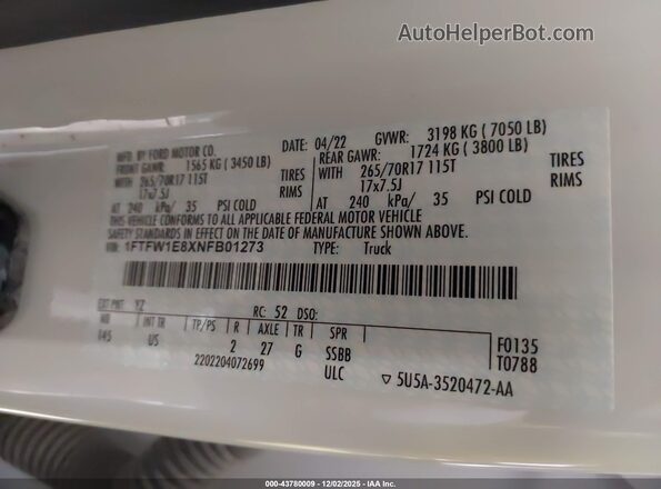 1FTFW1E8XNFB01273 2022 FORD F150 White Вид підкапотного простору