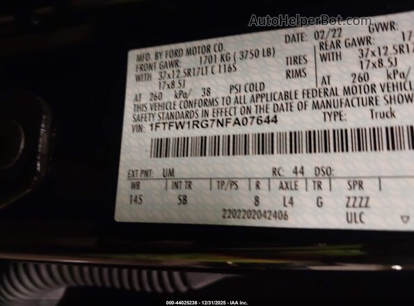 1FTFW1RG7NFA07644 2022 FORD F150 Black Engine compartment view