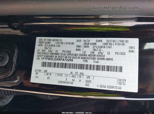 1FTFW3LDXRFA72259 2024 FORD F150 Black Widok komory silnika