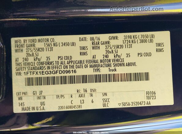 1FTFX1EG3GFD09616 2016 FORD F150 Black 