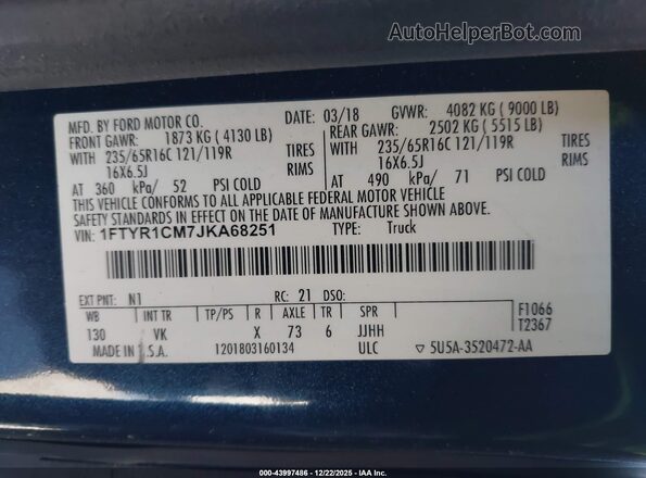 1FTYR1CM7JKA68251 2018 FORD TRANSIT-250 Blue 