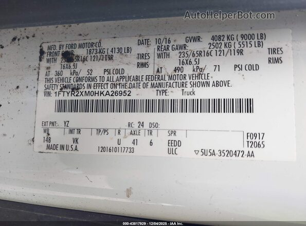 1FTYR2XM0HKA26952 2017 FORD TRANSIT-250 White 