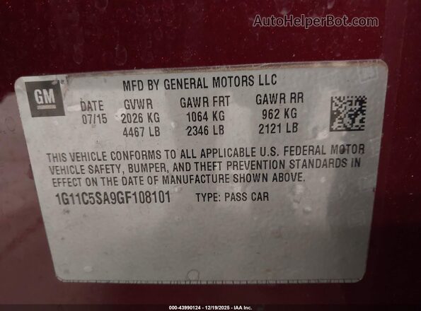 1G11C5SA9GF108101 2016 CHEVROLET MALIBU Maroon Vista del compartimento del motor