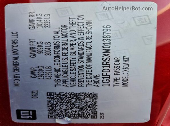 1G1FD1RSXM0138796 2021 CHEVROLET CAMARO Red VIN კოდის სტიკერის ხედი
