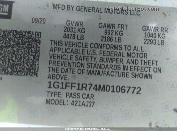 1G1FF1R74M0106772 2021 CHEVROLET CAMARO White Vista del compartimento del motor