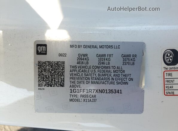 1G1FF1R7XN0135341 2022 CHEVROLET CAMARO Белый Вид наклейки с VIN-кодом