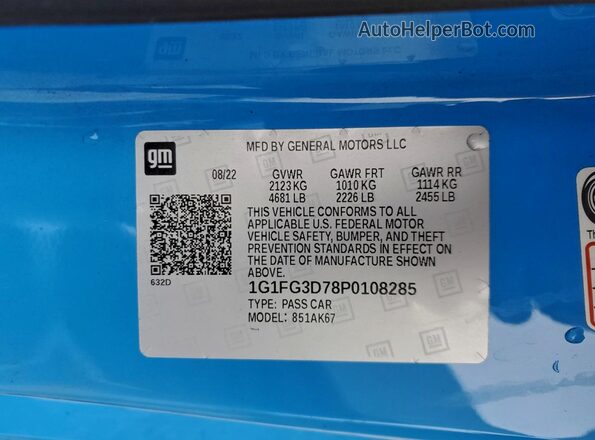 1G1FG3D78P0108285 2023 CHEVROLET CAMARO Синий Вид наклейки с VIN-кодом