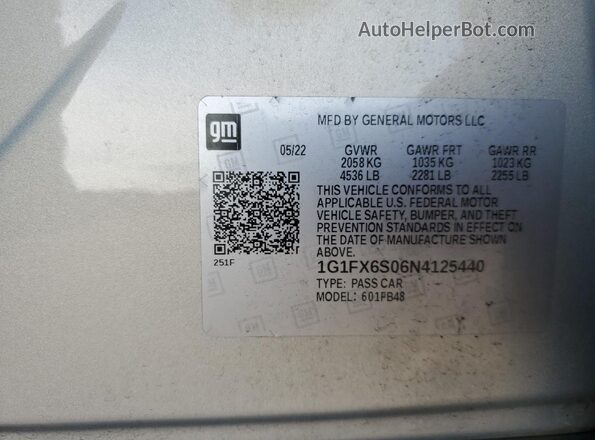 1G1FX6S06N4125440 2022 CHEVROLET BOLT Silver Widok naklejki z numerem VIN