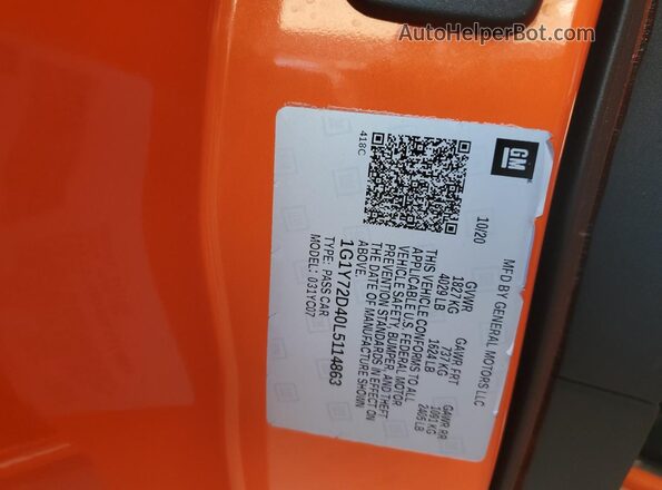 1G1Y72D40L5114863 2020 CHEVROLET CORVETTE Orange Вид наклейки з VIN-кодом